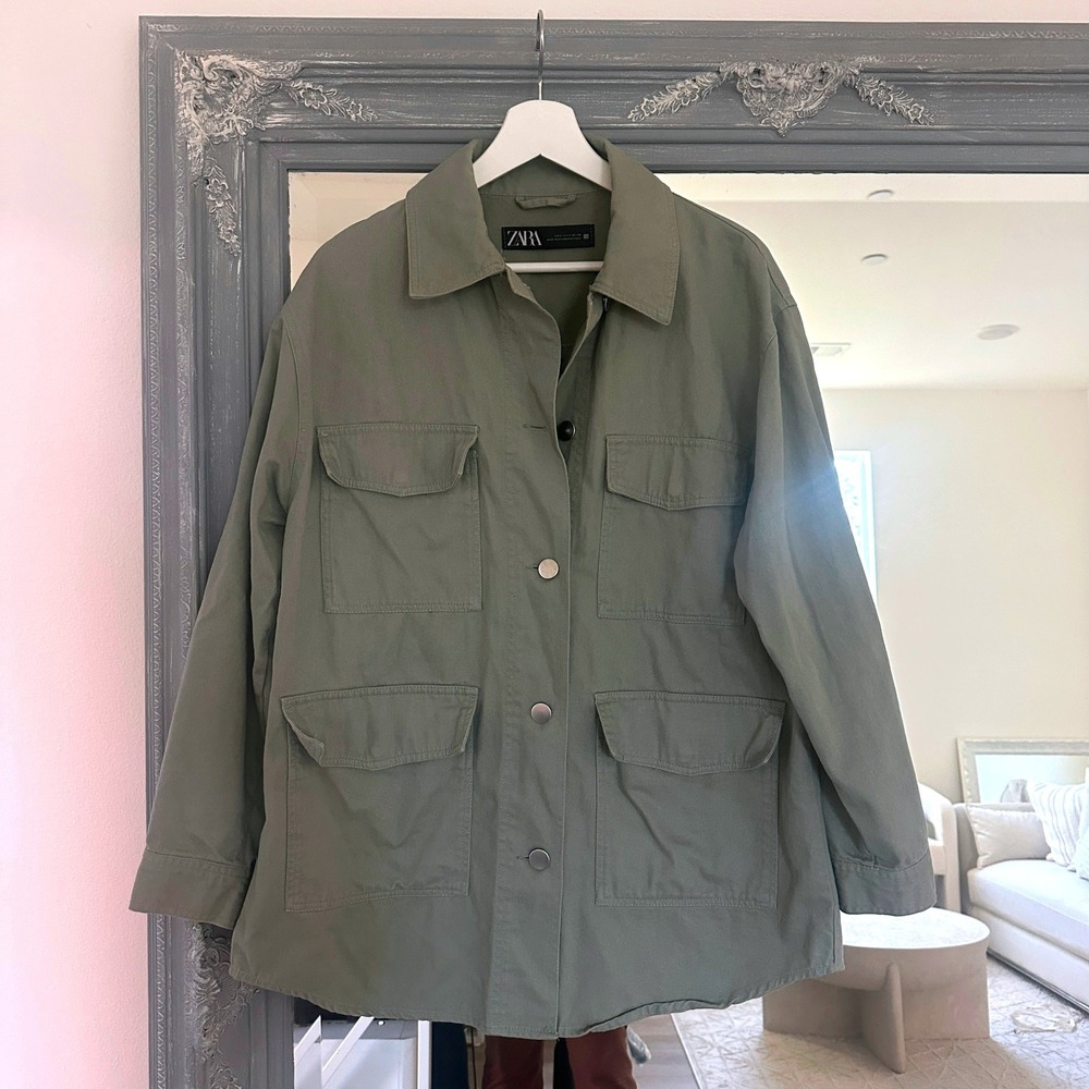 ZARA Men's Cargo Barn Jacket Green Button Front‎ Pockets Long Sleeve S
